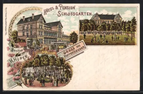 Lithographie Herrenhausen, Hotel und Pension Schlossgarten, Vorderansicht mit Strassenbahn, Gartenansicht