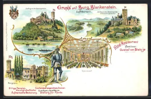 Lithographie Hattingen / Ruhr, Burgplatz, Burg Blankenstein, Speisesaal