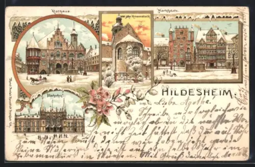 Winter-Lithographie Hildesheim, Bahnhof, Rathaus, 100jähr. Rosenstock