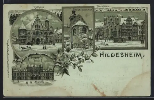 Winter-Lithographie Hildesheim, Rathaus, Marktplatz, Bahnhof