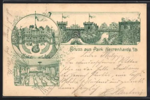 Lithographie Herrenhaide b. B., Springbrunnen im Park, Innenansicht eines Saals