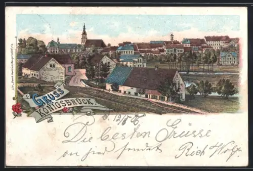 Lithographie Königsbrück, Teilansicht mit Kirche und Strassenpartie