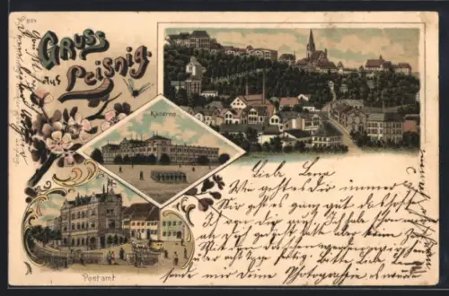 Lithographie Leisnig, Kaserne, Postamt, Totalansicht, Pferdekutsche