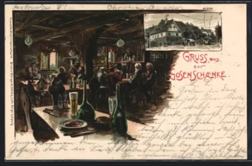 Lithographie Leipzig, Gasthaus Gosenschänke, Innennsicht mit Gästen