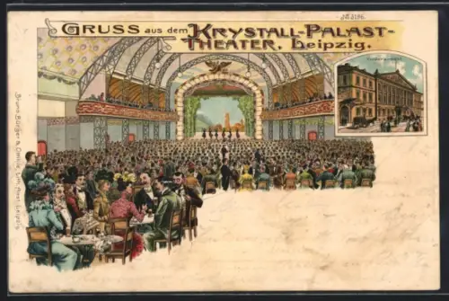 Lithographie Leipzig, Krystall-Palast-Theater, Innen- und Aussenansicht