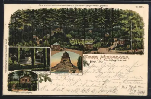 Lithographie Leipzig, Park Meusdorf, Inh. F. Aug. Fichtner, Völkerschlacht-Denkmal, Obstweinschenke