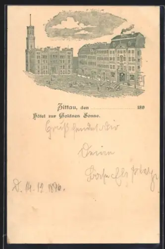Lithographie Zittau, Hotel zur Goldenen Sonne mit Passanten