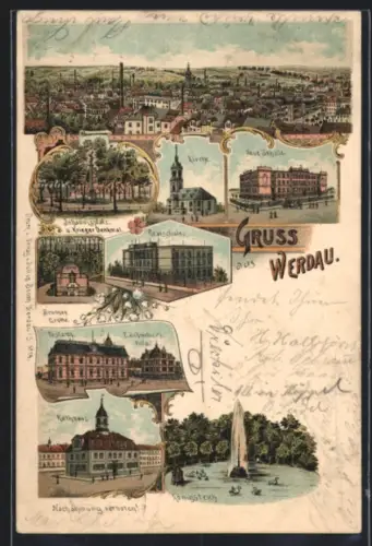 Lithographie Werdau, Realschule, Rathaus, E. Schmelzers Villa, Neue Schule, Brunnengrotte