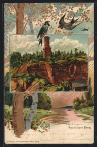 Passepartout-Lithographie Rochlitz, Turm auf dem Rochlitzer Berg, Schwalben und Flusslandschaft