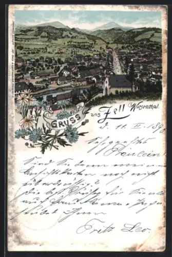 Lithographie Zell /Wiesenthal, Ortsansicht aus der Vogelschau