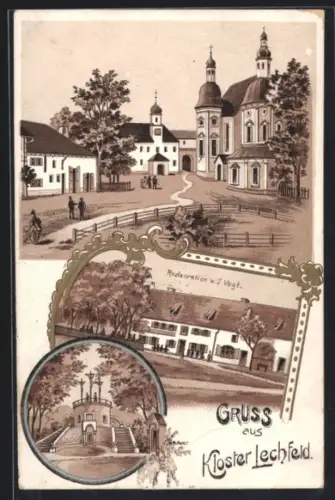 Lithographie Lechfeld, Restaurant von J. Vogt und Kloster