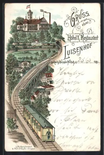 Lithographie Dresden-Loschwitz, Hotel und Restaurant Luisenhof mit Bergbahn