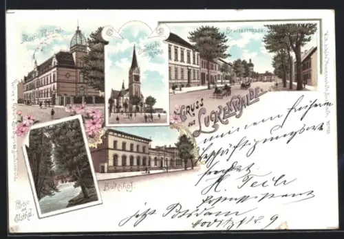 Lithographie Luckenwalde, Kaiserl. Postamt, Breitestrasse, St. Jakobi-Kirche, rosa Blütenverzierung