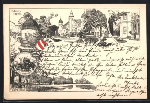 Lithographie Hermsdorf, Schloss, Schlosskapelle, Parkteich, Alte Opferstätte