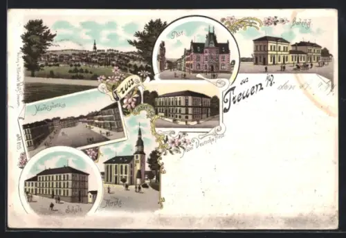 Lithographie Treuen i./S., Schule, Kirche, Marktplatz