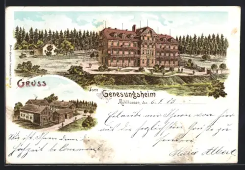 Lithographie Mühlhausen, Genesungsheim, Ortspartie