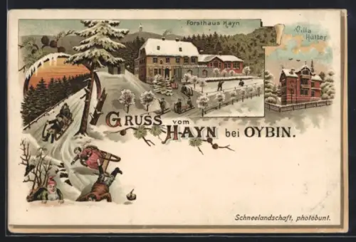 Winter-Lithographie Oybin, Forsthaus Hayn, Villa Hütter, Rodelszene