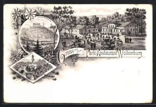 Lithographie Wolkenburg, Park-Restaurant, Schloss, Schlosskirche