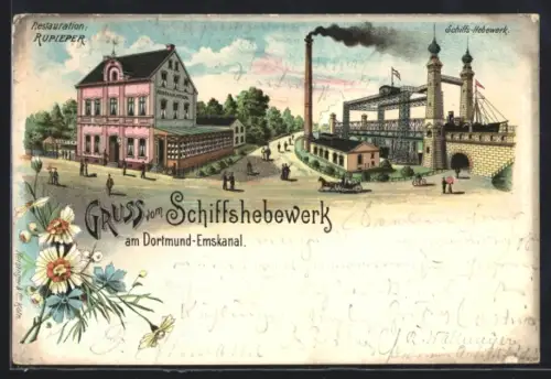 Lithographie Schiffshebewerk am Dortmund-Emskanal, Restaurant Rupierer