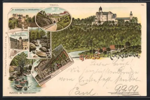 Lithographie Rochsburg, Bahnhof, Eingang in das Schloss, Brauseloch