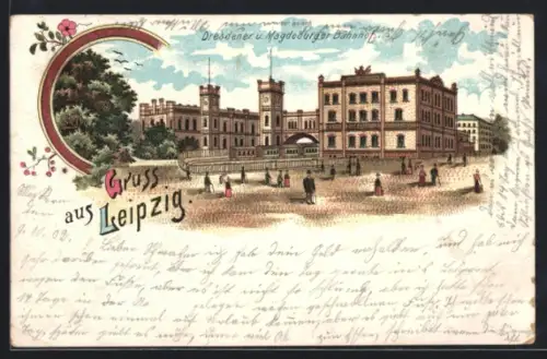 Lithographie Leipzig, Dresdner & Magdeburger Bahnhof