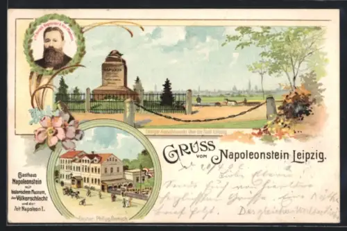 Lithographie Leipzig, Gasthaus Napoleonstein mit historischem Museum