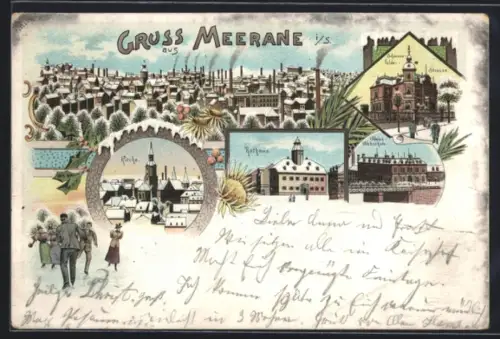 Winter-Lithographie Meerane i. S., Kirche, Rathaus, Neue Webschule und Schwanefelder Strasse