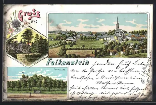 Lithographie Falkenstein / Vogtland, Promenade, Aufgang zum Wendelstein und Panorama