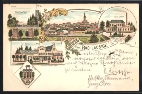 Lithographie Bad-Lausigk i. S., Chamouni-Thal, Kurhaus Hermannsbad, Badehaus und Albertquelle