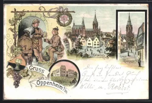 Lithographie Oppenheim, Katharinenkirche, Blick in die grosse Kirchgasse