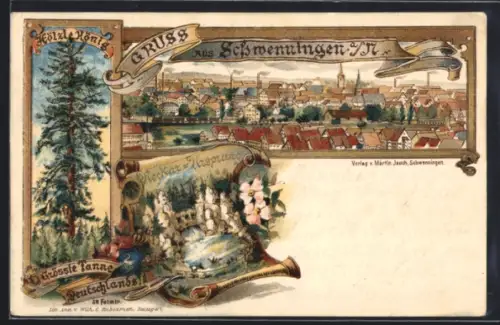 Lithographie Schwenningen, Blick über den Ort, Neckar-Ursprung, Hölzle König