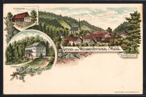 Lithographie Weissenbrunn v. Wald, Gasthaus Bergheim, Teilansicht mit Kirche, Hirtenhaus, Schloss