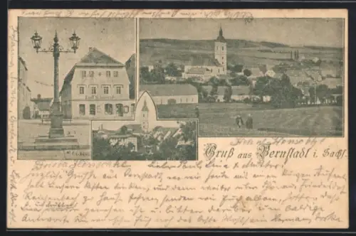 AK Bernstadt i. Sa., Gesamtansicht, Geschäft v. Emil Schmorrde & Kirchblick