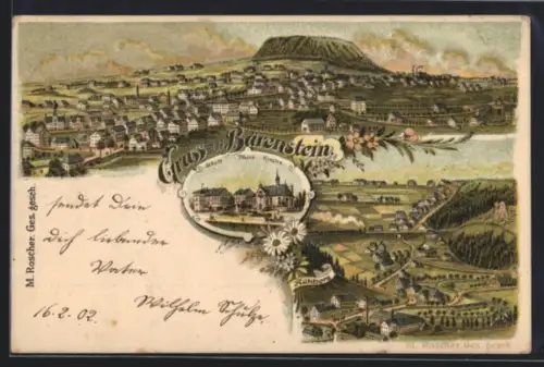 Lithographie Bärenstein, Kühberg, Schule, Pfarre, Kirche