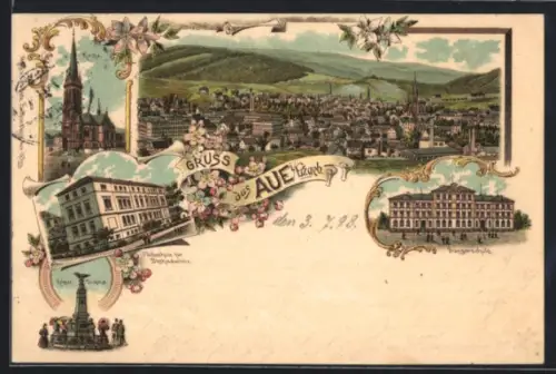 Lithographie Aue i / Erzgeb, Kirche, Fachschule für Blechindustrie, Bürgerschule