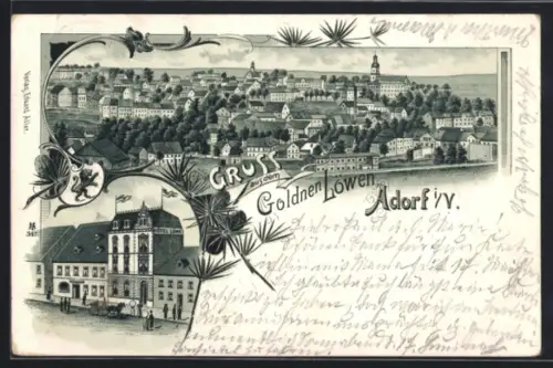 Lithographie Adorf i. V., Hotel Löwe und Totalansicht