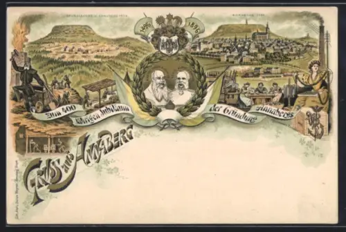Lithographie Annaberg, 400. Gründungsjubiläum 1896, Bergbau und Posamenten-Industrie