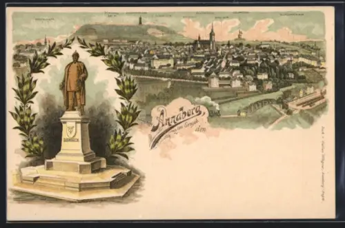 Lithographie Annaberg im Erzgeb., Bismarck-Denkmal und Totalansicht