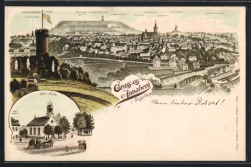 Lithographie Annaberg i. Erzgebirge, Schreckenberg-Ruine und Totalansicht, Kath. Kirche