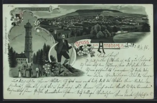 Mondschein-Lithographie Annaberg i. S., Aussichtsturm auf dem Pöhlberg und Totalansicht