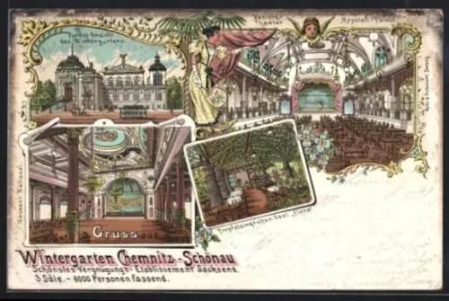 Lithographie Chemnitz-Schönau, Wintergarten mit Krystall-Palast, Tropfsteingrottensaal Flora und Grossem Ballsaal