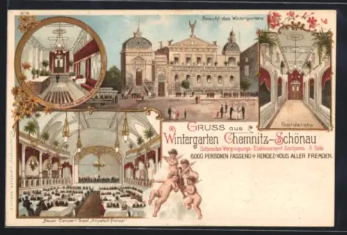 Lithographie Chemnitz-Schönau, Ansicht des Wintergartens, Konzert-Saal Krystall-Palast