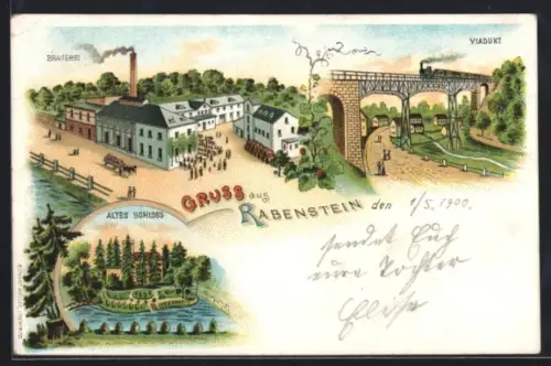 Lithographie Rabenstein / Chemnitz, Brauerei - Gasthof, Altes Schloss, Eisenbahn auf dem Viadukt