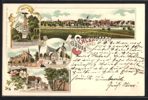 Lithographie Salzkotten, Franzisanessen Kloster, Kirche, Strassenpartie