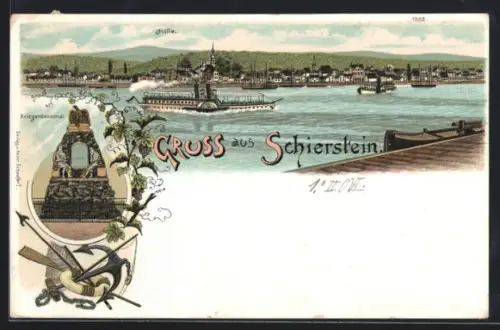 Lithographie Schierstein, Kriegerdenkmal und Hölle mit Dampfer