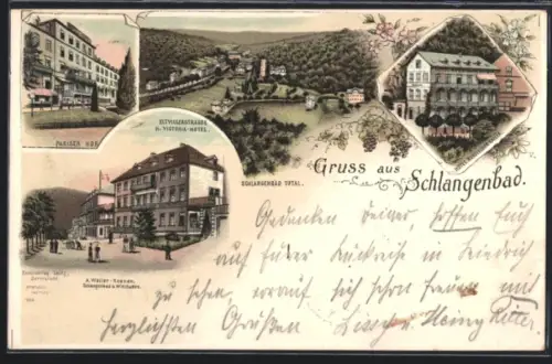 Lithographie Schlangenbad, Panorama, Pariser Hof, Hotel Russischer Kaiser und Eltvillerstrasse m. Victoria-Hotel