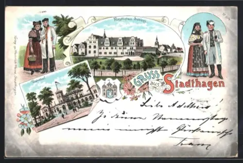 Lithographie Stadthagen, Fürstliches Schloss, Bahnhof, Wappen