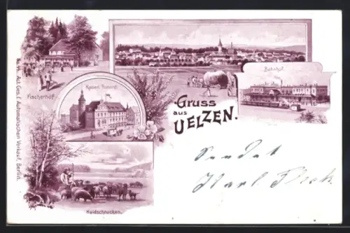 AK Uelzen, Fischerhof, Haidschnucken, Kaiserl. Postamt, Bahnhof