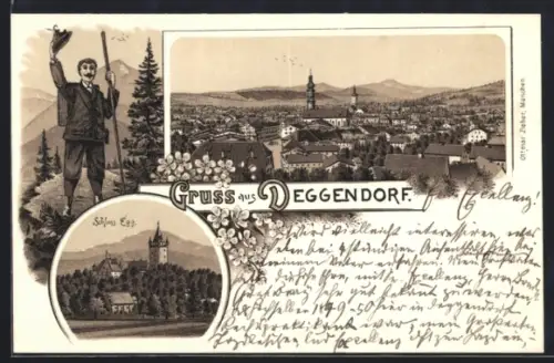 Lithographie Deggendorf, Schloss Egg, Wanderer mit Totalansicht