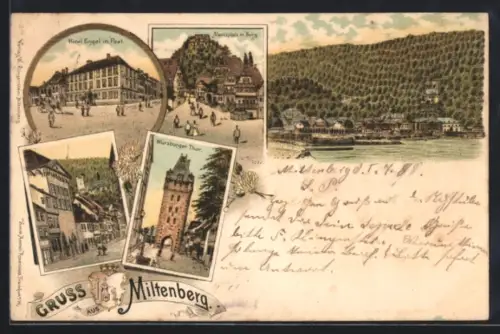 Lithographie Miltenberg, Hotel Engel mit Post, Würzburger Tor, Marktplatz mit Burg